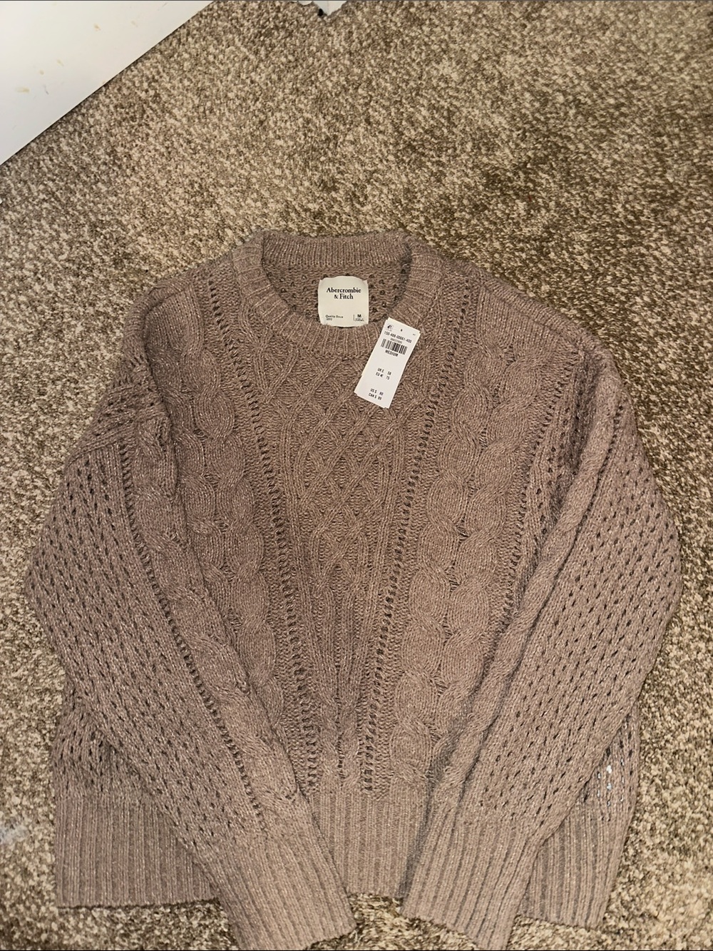 Abercrombie & Fitch Men's Taupe Cable Crewneck Sweater